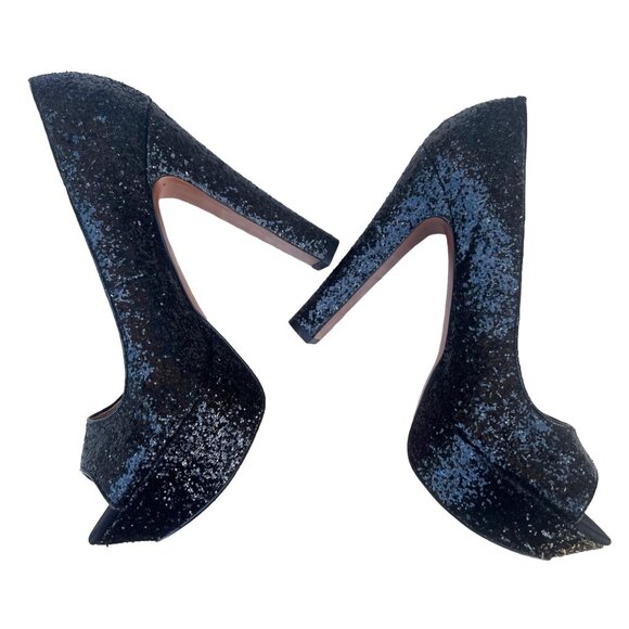 BCBGeneration Women’s Size 7.5B Sequin Black Peep Toe 1.5” Platform 5” Heels Sti - Picture 5 of 11
